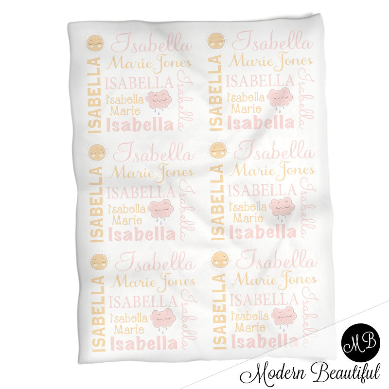 Baby girl pastel sunshine name blanket, sunshine swaddling blanket, baby girl cloud and sun pastel blanket, girl baby shower gift, choose colors