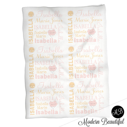 Baby girl pastel sunshine name blanket, sunshine swaddling blanket, baby girl cloud and sun pastel blanket, girl baby shower gift, choose colors