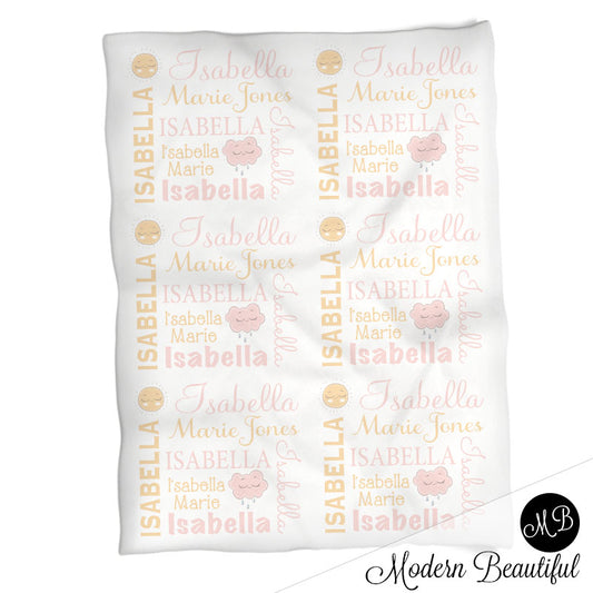 Baby girl pastel sunshine name blanket, sunshine swaddling blanket, baby girl cloud and sun pastel blanket, girl baby shower gift, choose colors