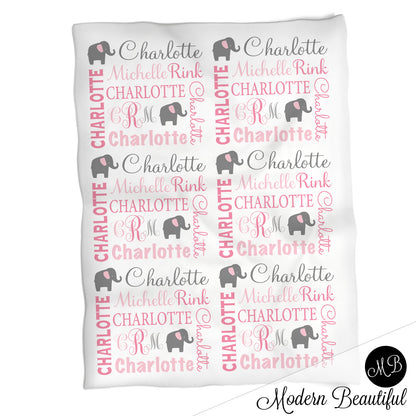 Elephant girl baby name blanket, elephant monogram personalized blanket, pink and gray, boy or girl blanket, baby shower gift, personalized name blanket, (CHOOSE COLORS)