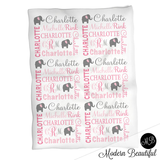 Elephant girl baby name blanket, elephant monogram personalized blanket, pink and gray, boy or girl blanket, baby shower gift, personalized name blanket, (CHOOSE COLORS)