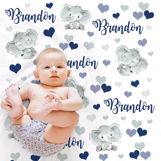 Personalized Elephant Baby Name Blanket Navy