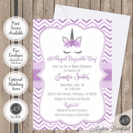 Purple and gray unicorn baby shower invitation, girl unicorn lashes baby shower invitation, magical baby shower invitation, girl baby shower invitation