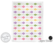 Fishing baby girl blanket, multi color, fish baby name blanket, custom fishing personalized baby gift, swaddle baby blanket, personalized blanket, boy or girl blanket, choose colors