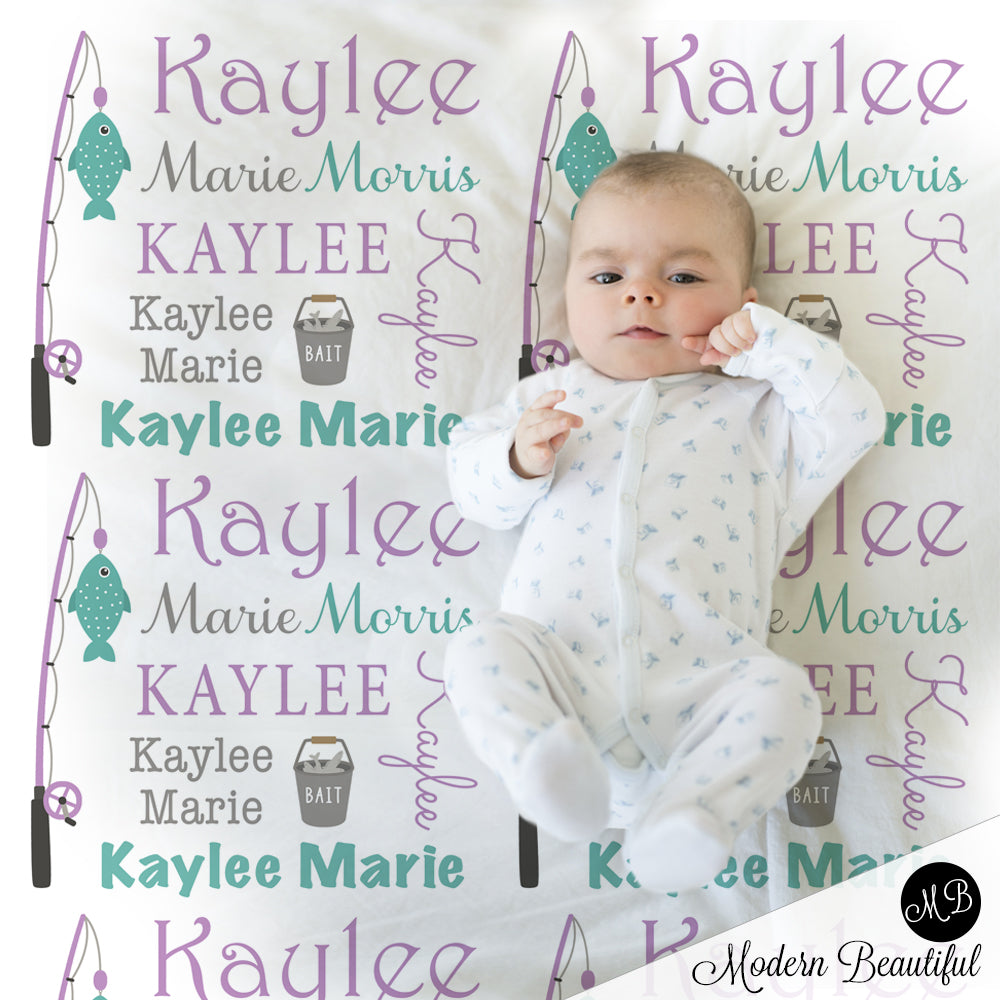Fishing baby name blanket in teal and purple