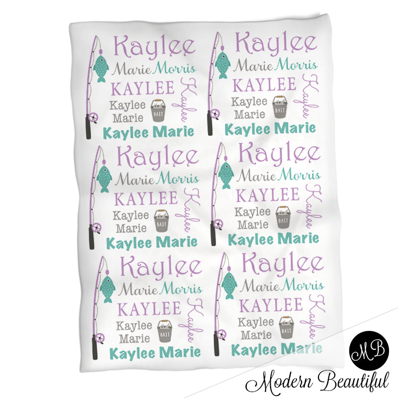 Fishing baby name blanket in teal and purple, personalized girl fishing baby blanket, boy or girl name blanket, personalized name blanket, baby shower gift (CHOOSE COLORS)