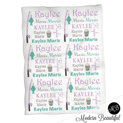 Fishing baby name blanket in teal and purple, personalized girl fishing baby blanket, boy or girl name blanket, personalized name blanket, baby shower gift (CHOOSE COLORS)