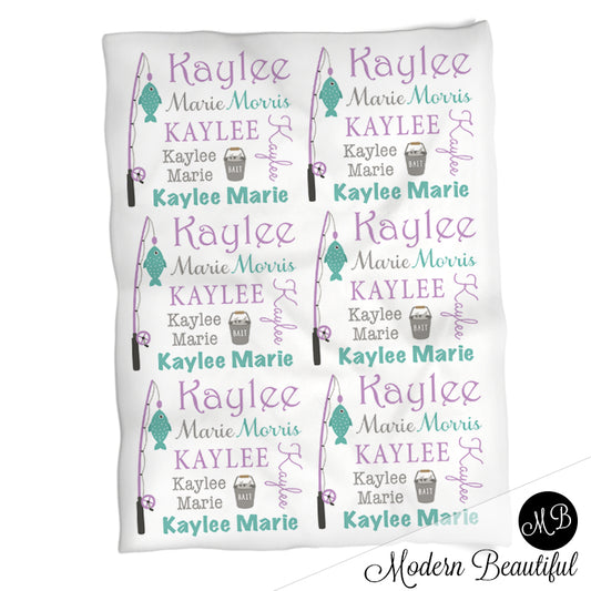 Fishing baby name blanket in teal and purple, personalized girl fishing baby blanket, boy or girl name blanket, personalized name blanket, baby shower gift (CHOOSE COLORS)