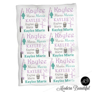 Fishing baby name blanket in teal and purple, personalized girl fishing baby blanket, boy or girl name blanket, personalized name blanket, baby shower gift (CHOOSE COLORS)