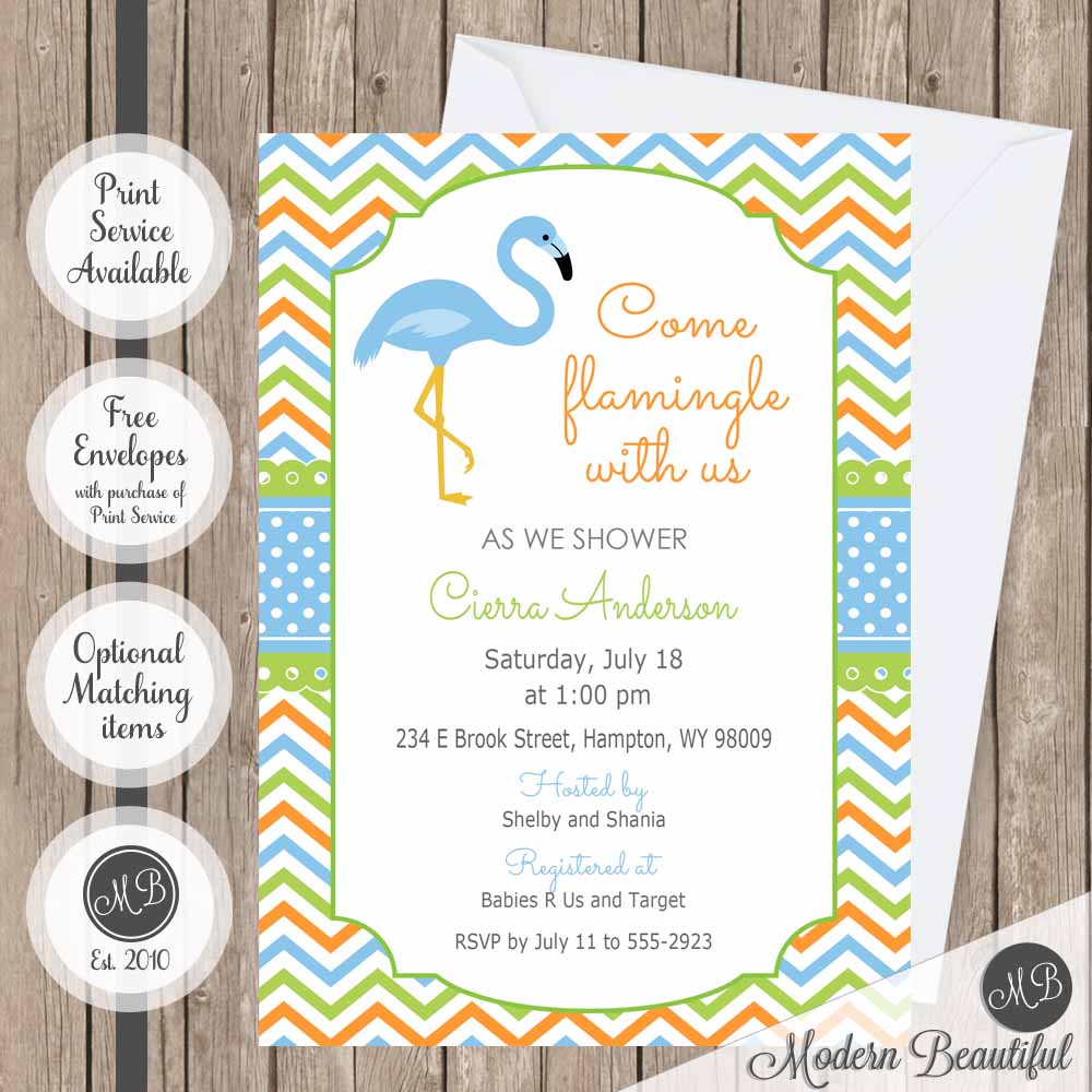 chevron flamingo baby shower invitations