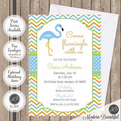 chevron flamingo baby shower invitations