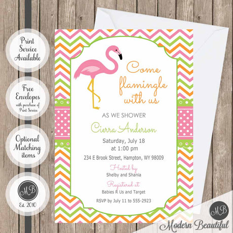 Orange, green and pink flamingo baby shower invitation, chevron girl flamingo baby shower invitation, flamingo theme baby shower invitation, girl baby shower invitation