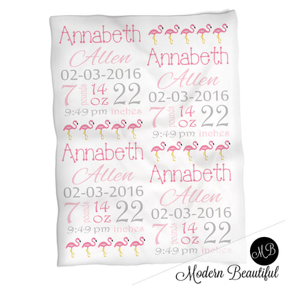Flamingo baby girl stats blanket, pink and gray, flamingo girl baby blanket, personalized flamingo baby blanket, baby stats blanket, boy or girl stats swaddle blanket, baby shower gift, choose colors
