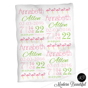 Flamingo baby girl stats blanket, pink and green, flamingo girl baby blanket, personalized flamingo baby blanket, baby stats blanket, boy or girl stats swaddle blanket, baby shower gift, choose colors