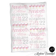 Flamingo baby girl stats blanket, pink and gray, flamingo girl baby blanket, personalized flamingo baby blanket, baby stats blanket, boy or girl stats swaddle blanket, baby shower gift, choose colors