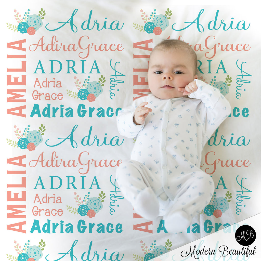 Chic flower baby name blanket in salmon and teal