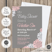 Pink and gray flower baby shower invitation, girl floral baby shower invitation, flower baby shower invitation, girl baby shower invitation
