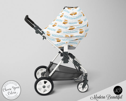 Fox baby boy or girl car seat canopy covers, fox baby gift, blue and white, custom infant car seat cover, personalized baby name carseat cover, nursing privacy cover, shopping cart cover, high chair cover (CHOOSE COLORS)
