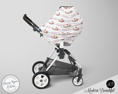 Fox baby girl car seat canopy cover, floral fox baby gift, purple and white, custom infant car seat cover, personalized baby name carseat cover, nursing privacy cover, shopping cart cover, high chair cover (CHOOSE COLORS)