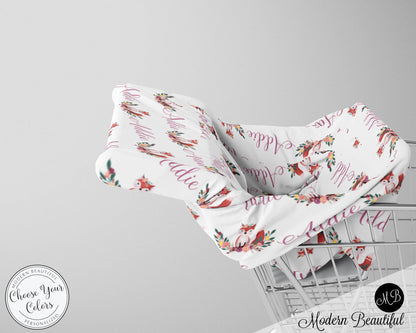 Fox baby girl car seat canopy cover, floral fox baby gift, purple and white, custom infant car seat cover, personalized baby name carseat cover, nursing privacy cover, shopping cart cover, high chair cover (CHOOSE COLORS)