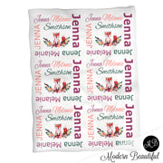 Pretty floral fox baby girl personalized blanket, fox custom blanket, fox baby name blanket, fox baby gift, personalized blanket, choose colors