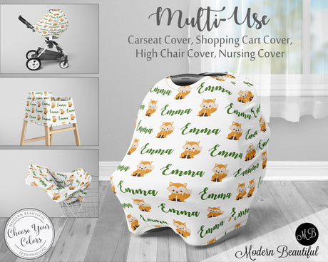 Fox baby boy or girl car seat canopy cover, fox baby gift, green and white, custom infant car seat cover, personalized baby name carseat cover, nursing privacy cover, shopping cart cover, high chair cover (CHOOSE COLORS)