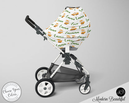 Fox baby boy or girl car seat canopy cover, fox baby gift, green and white, custom infant car seat cover, personalized baby name carseat cover, nursing privacy cover, shopping cart cover, high chair cover (CHOOSE COLORS)