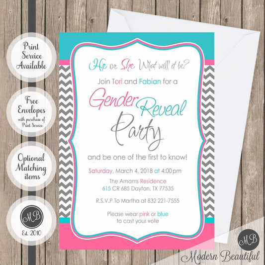 Chevron gender reveal baby shower invitation
