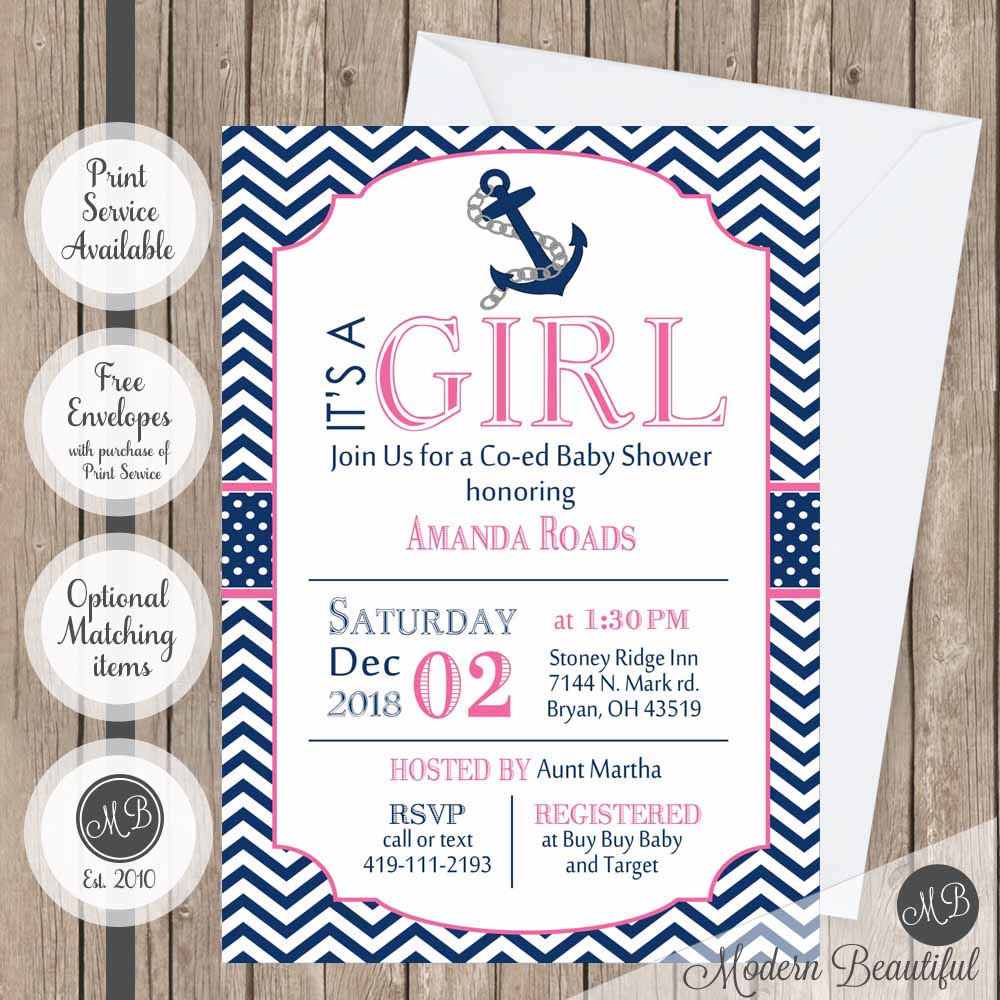 girl nautical anchor baby shower invitations