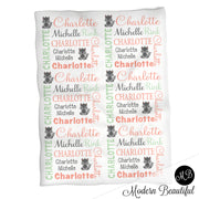 Baby girl fox blanket in coral, mint and gray, fox baby gift, personalized girl blanket, custom blanket, girl personalized blanket, choose colors