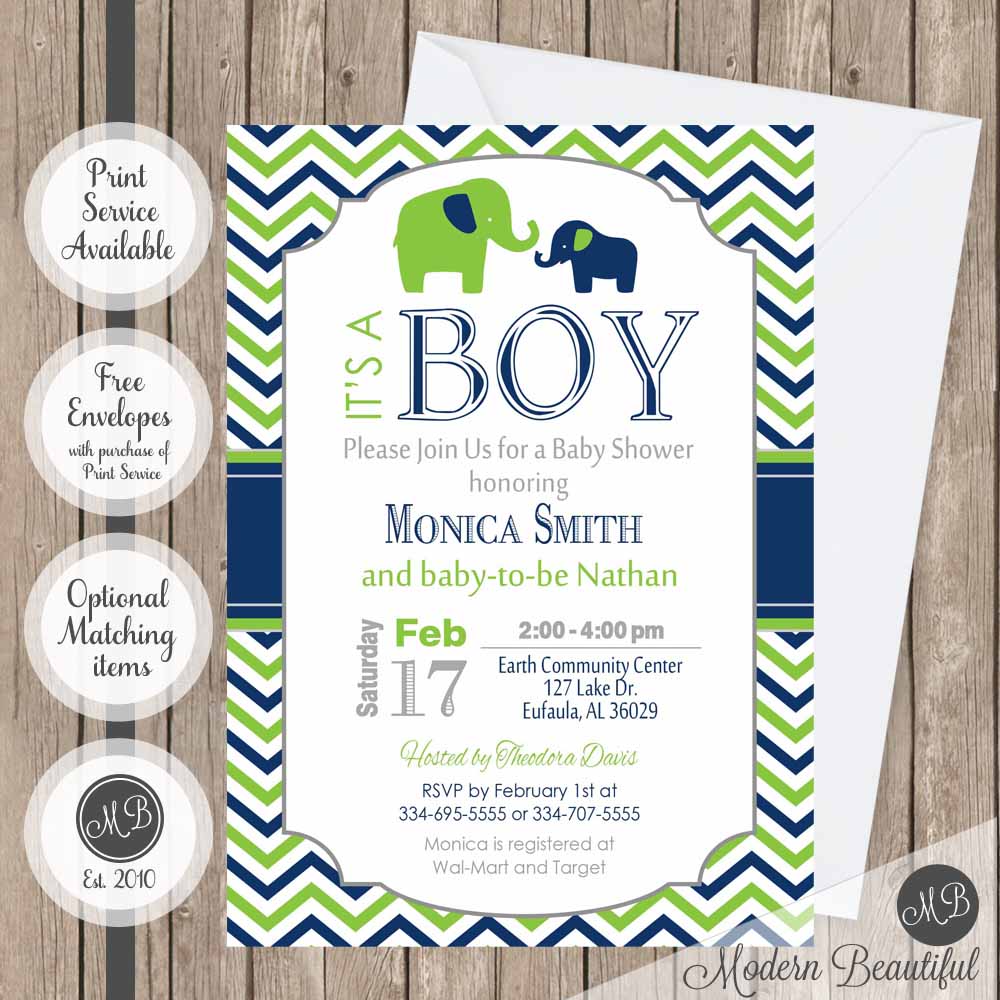 Navy and lime green elephant boy baby shower invitation