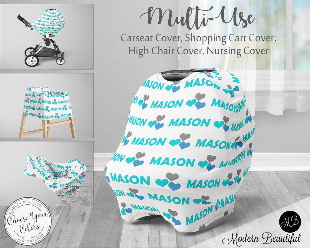Hearts baby boy or girl car seat canopy cover, heart baby gift, aqua and white, custom infant car seat cover, personalized baby name carseat cover, nursing privacy cover, shopping cart cover, high chair cover (CHOOSE COLORS)