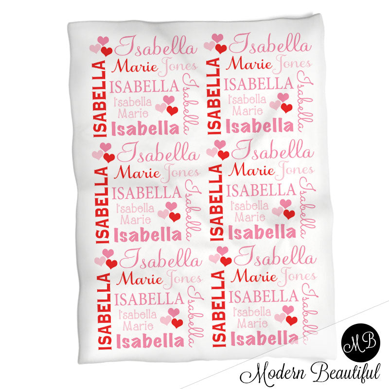 Pink and red hearts baby girl blanket, blanket with hearts, heart personalized baby gift, girl name blanket, name baby blanket, personalized blanket, heart baby gift, choose colors