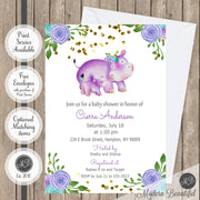Purple blue and gray flower hippo baby shower invitation, hippo floral baby shower invitation, flower baby shower invitation, girl baby shower invitation