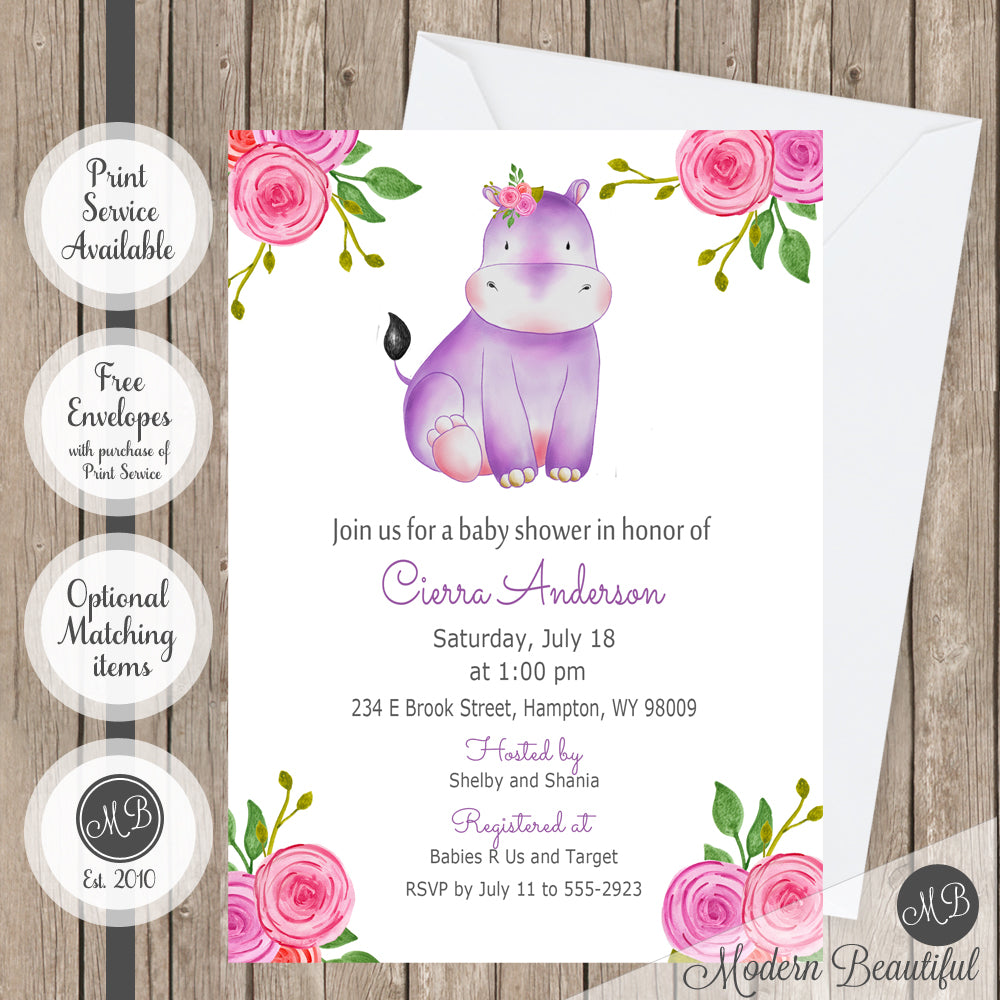 Pink purple and gray flower hippo baby shower invitation, hippo floral baby shower invitation, flower baby shower invitation, girl baby shower invitation
