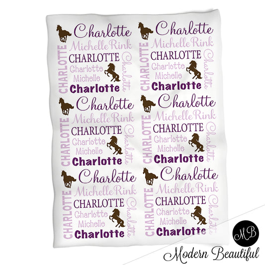 Wild horse baby name blanket in purple and brown, personalized girl horse baby blanket, boy or girl name blanket, personalized name blanket, baby shower gift (CHOOSE COLORS)
