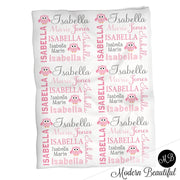 Owl Girl Name blanket, Personalized Owl Theme Blanket for Girl, girl blanket, photo prop blanket, blanket with owls and name, pink blanket