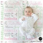 Feather Arrow Name Blanket in pink mint and gray for Baby Girl, personalized baby gift, baby blanket, personalized blanket, choose colors