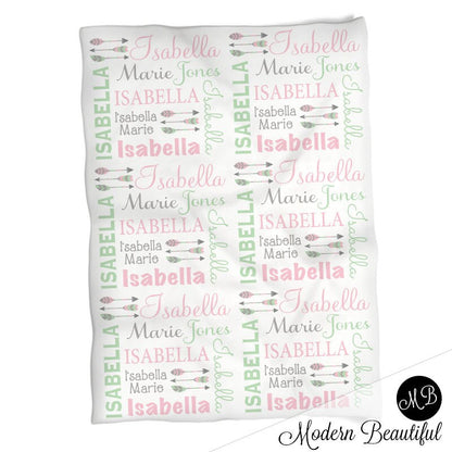 Feather Arrow Name Blanket in pink mint and gray for Baby Girl, personalized baby gift, baby blanket, personalized blanket, choose colors