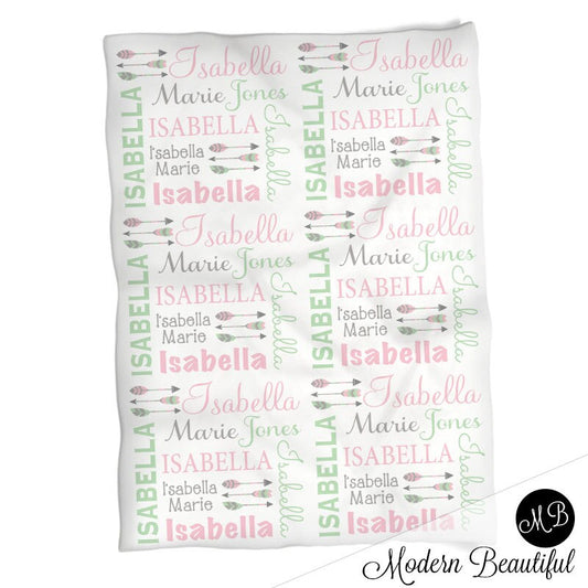 Feather Arrow Name Blanket in pink mint and gray for Baby Girl, personalized baby gift, baby blanket, personalized blanket, choose colors