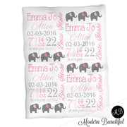 Elephant baby girl stats blanket, girl personalized blanket, baby stats blanket, elephant girl baby blanket, girl baby shower gift, choose colors