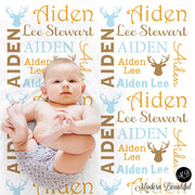 Deer antler personalized baby blanket, receiving blanket, swaddle blanket, baby shower gift, boy gift, (CHOOSE COLORS)