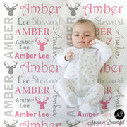 Baby girl deer blanket, antler personalized newborn blanket, deer rack baby swaddle, antler baby gift, pink, gray boy, girl (CHOOSE COLORS)