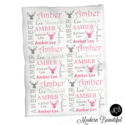 Baby girl deer blanket, antler personalized newborn blanket, deer rack baby swaddle, antler baby gift, pink, gray boy, girl (CHOOSE COLORS)