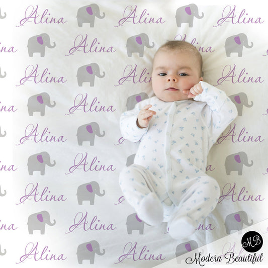 purple and gray elephant baby blanket