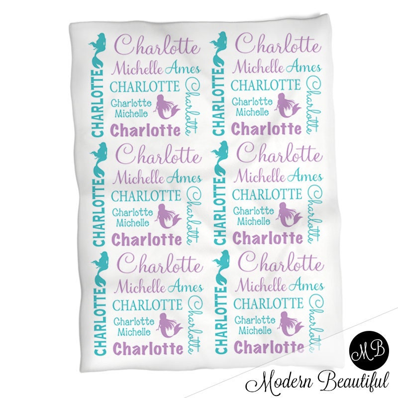 Personalized mermaid baby blanket, purple and teal, newborn mermaid baby gift with name, mermaid tail, toddler or big kids (CHOOSE COLORS)