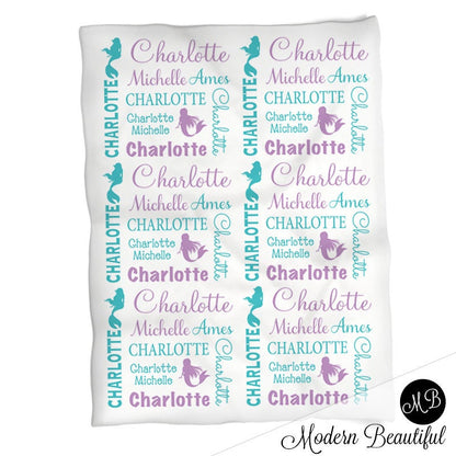 Personalized mermaid baby blanket, purple and teal, newborn mermaid baby gift with name, mermaid tail, toddler or big kids (CHOOSE COLORS)