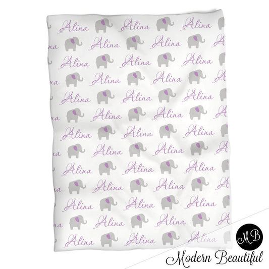 Baby girl elephant baby blanket, purple and gray elephant blanket, elephant personalized baby gift, cursive script font, personalized blanket, choose colors
