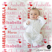 Valentine Hearts Name Blanket Baby Girl in red and pink, personalized baby gift, blanket, baby blanket, personalized blanket, choose colors
