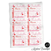Valentine Hearts Name Blanket Baby Girl in red and pink, personalized baby gift, blanket, baby blanket, personalized blanket, choose colors